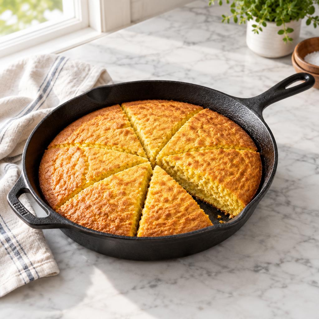 Golden cornbread baked in the cast iron skillet