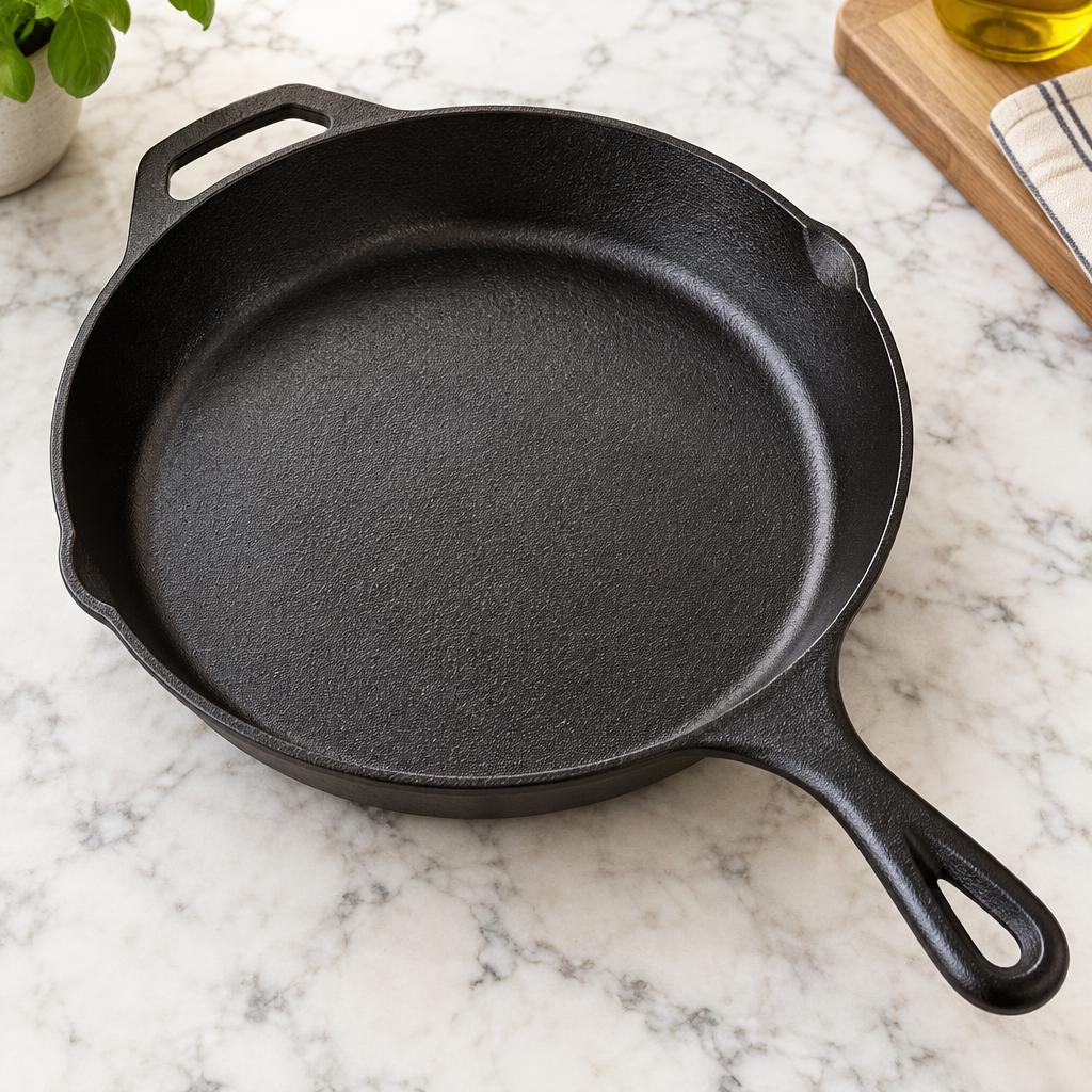 A closer look at the seasoned cast iron cooking surface