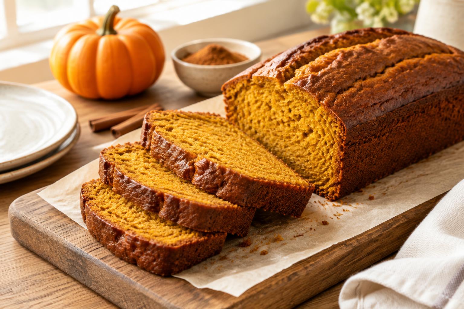 Sliced homemade pumpkin bread with a tender orange crumb